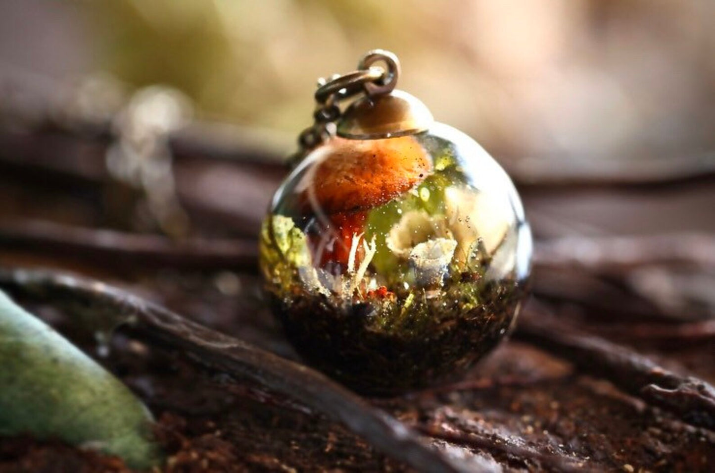 Moss Pixie Cup Lichen With Tiny Mushrooms Globe Terrarium Necklace