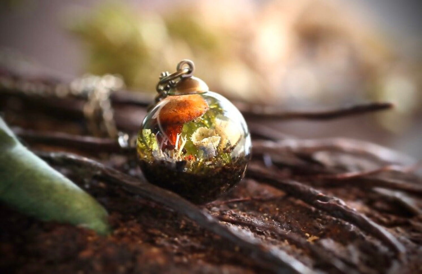 Moss Pixie Cup Lichen With Tiny Mushrooms Globe Terrarium Necklace