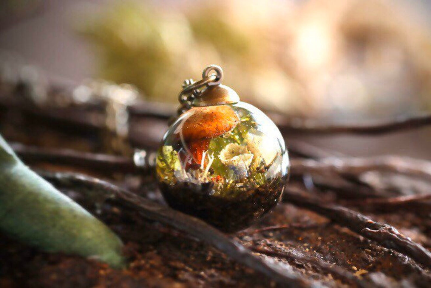 Moss Pixie Cup Lichen With Tiny Mushrooms Globe Terrarium Necklace