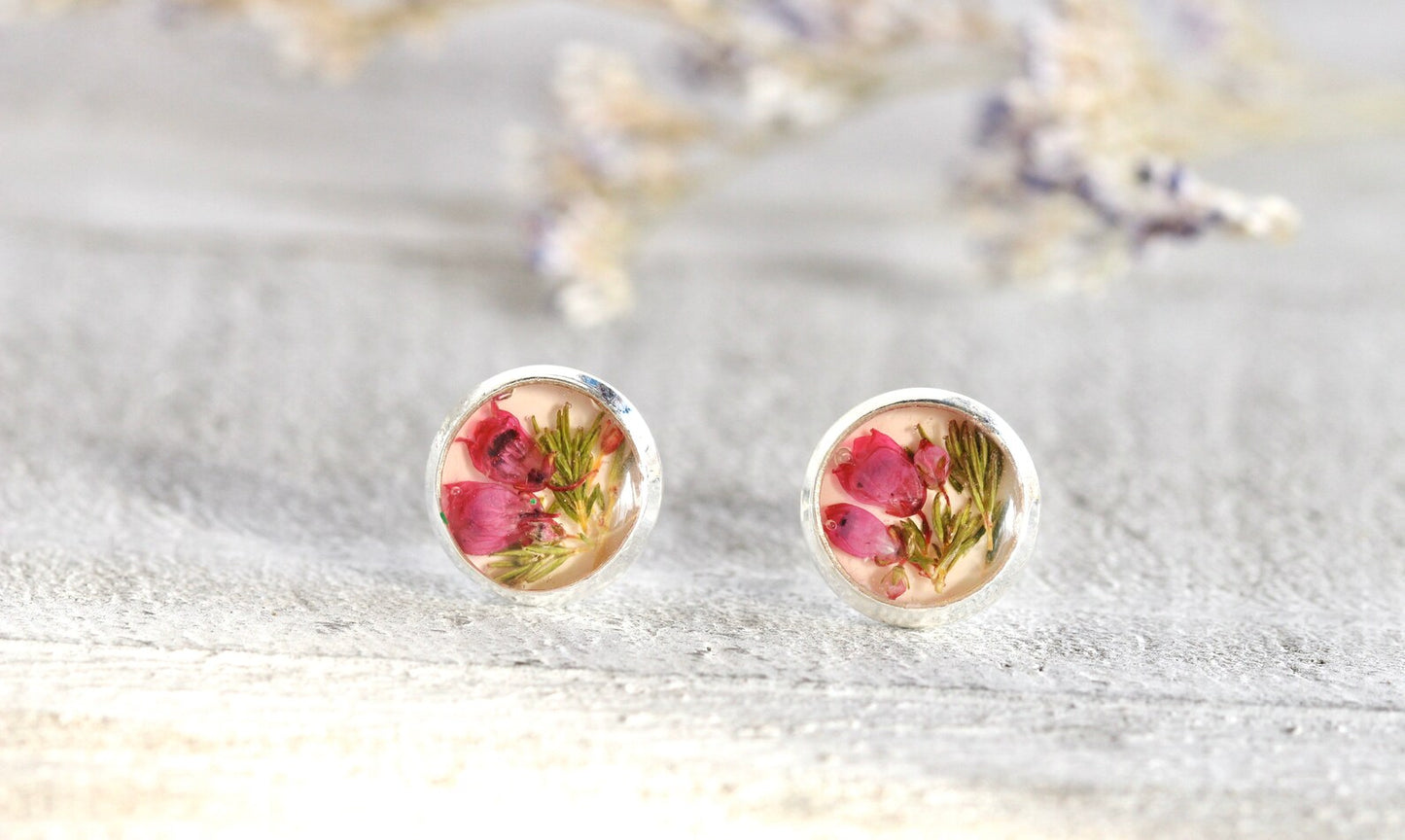 Elegant Pastel Pink Botanical Heather Earrings - Sterling Silver