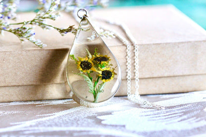 Real Miniature Sunflower Necklace - Sterling Silver