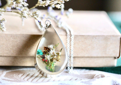 Wildflower Berries Pinecone Bouquet Necklace - Sterling Silver