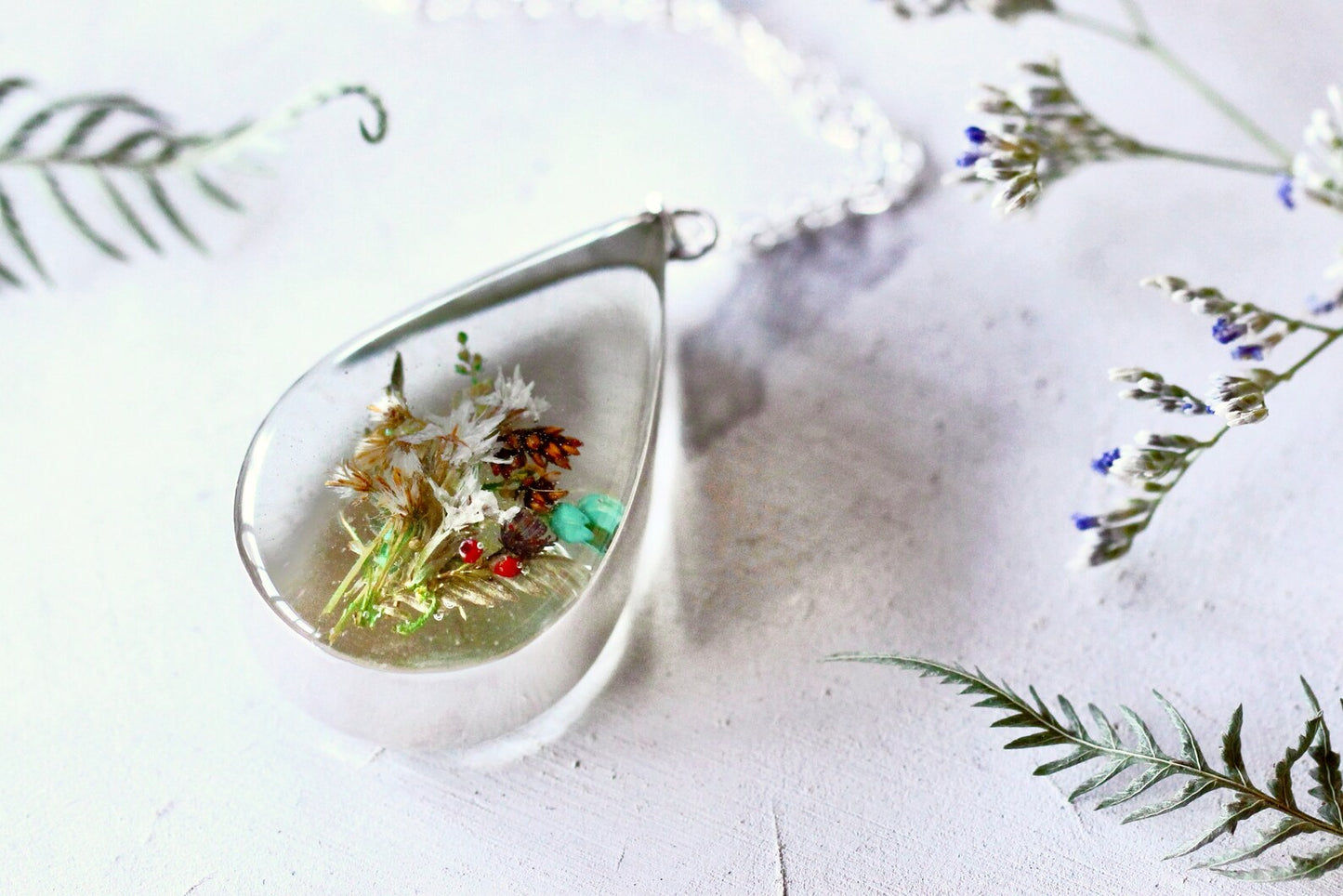 Wildflower Berries Pinecone Bouquet Necklace - Sterling Silver