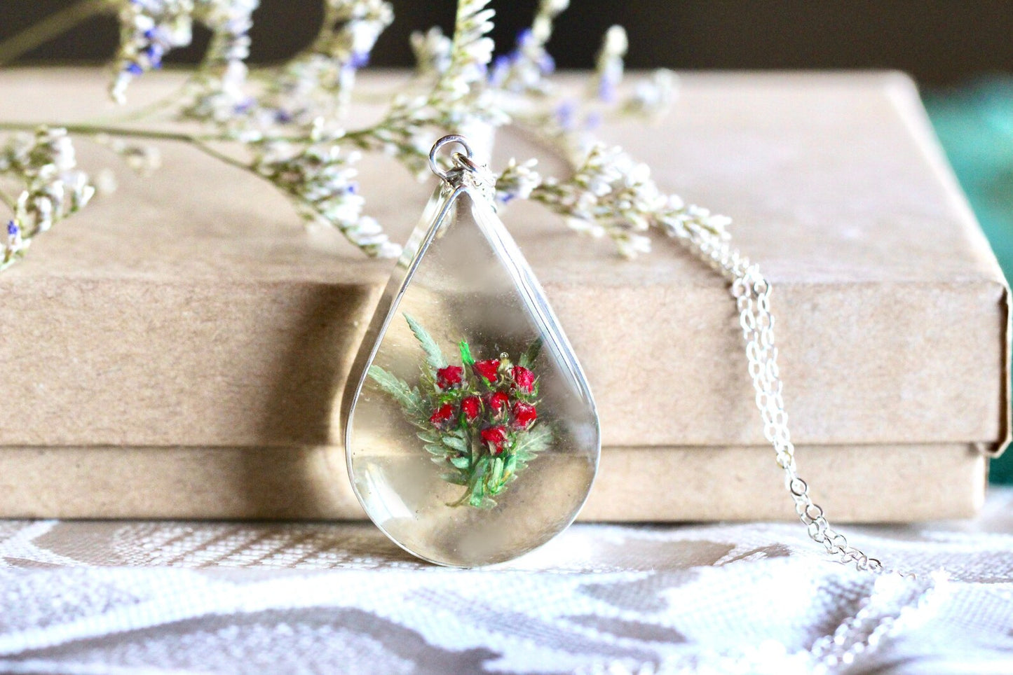 Tiny Red Roses Bouquet Necklace - Sterling Silver