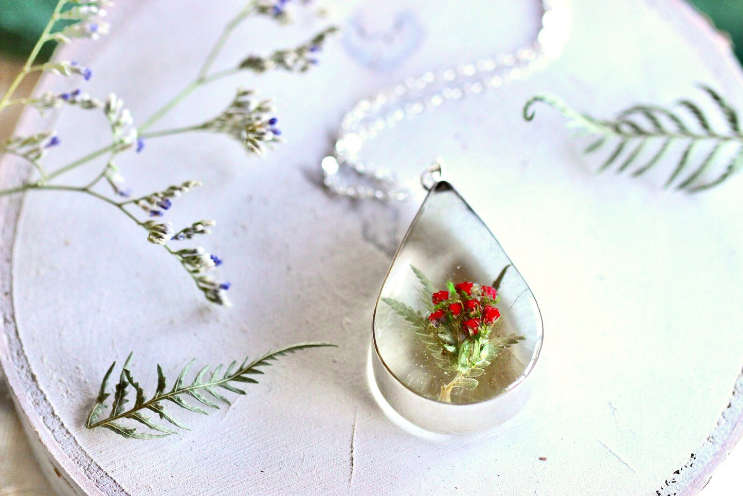 Tiny Red Roses Bouquet Necklace - Sterling Silver